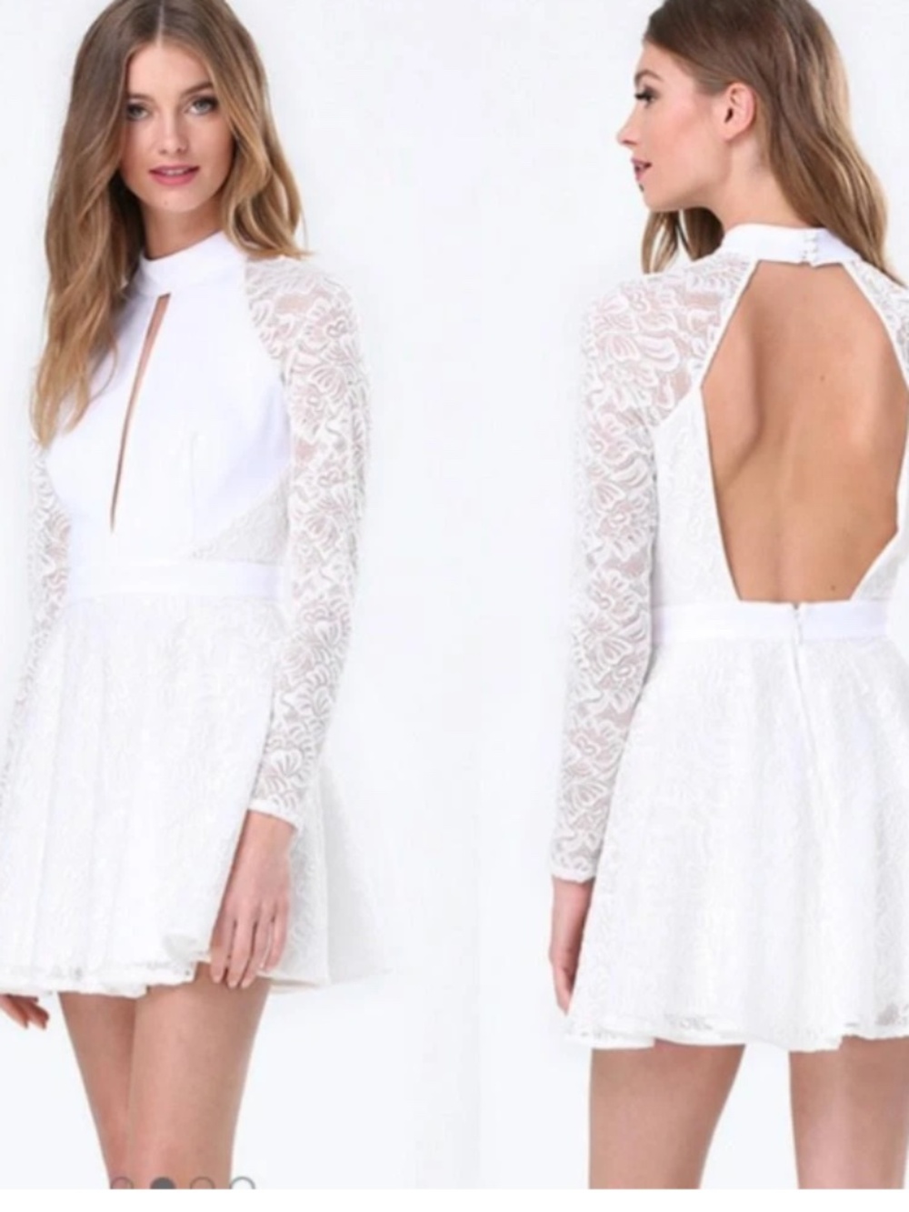 NWT Bebe mock neck long sleeve white cutout lace open back fit flare top dress